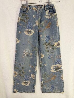 Forever 21 Girls Floral Print Blue Jeans Size 13/14 Adjustable Waist 100% Cotton